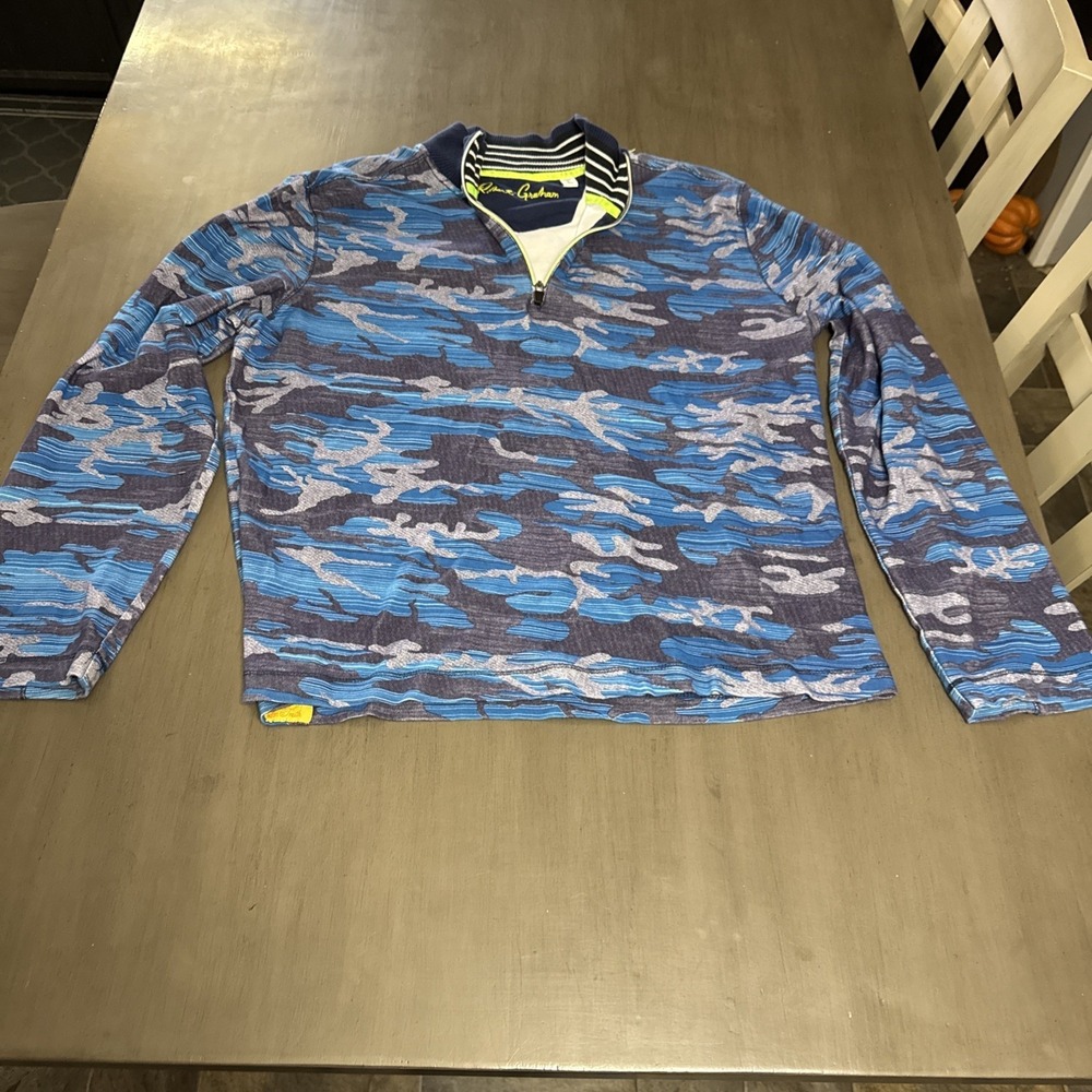 Mens Robert Graham Pullover Shirt Large Camouflage Camo Blue 1/4 Zip